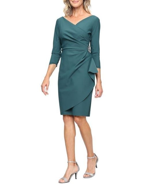 Alex Evenings Blue Contour Collection Embellished Ruched Sheath Cocktail Dress