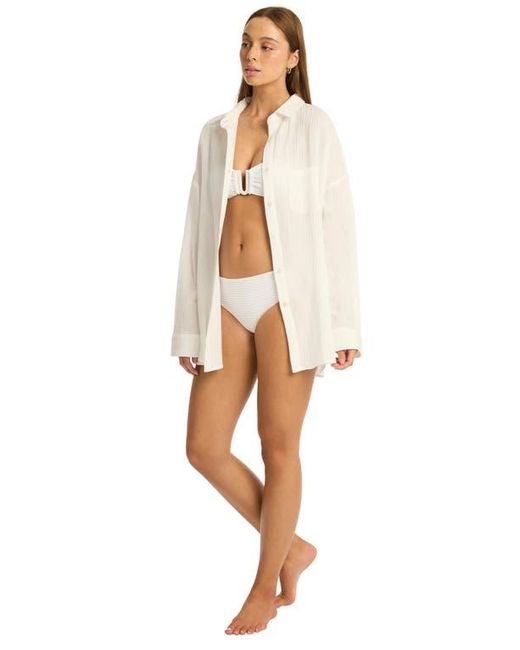 Sea Level White Sunset Beach Oversize Cotton Cover-Up Shirt