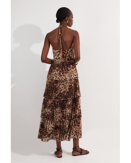 Karen Millen Tiered Halterneck Midi Dress in Brown | Lyst
