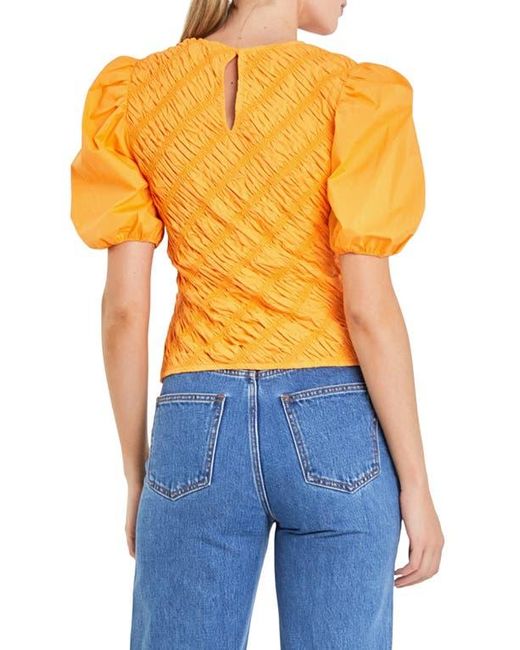 English Factory Blue Asymmetric Shirred Puff Sleeve Top