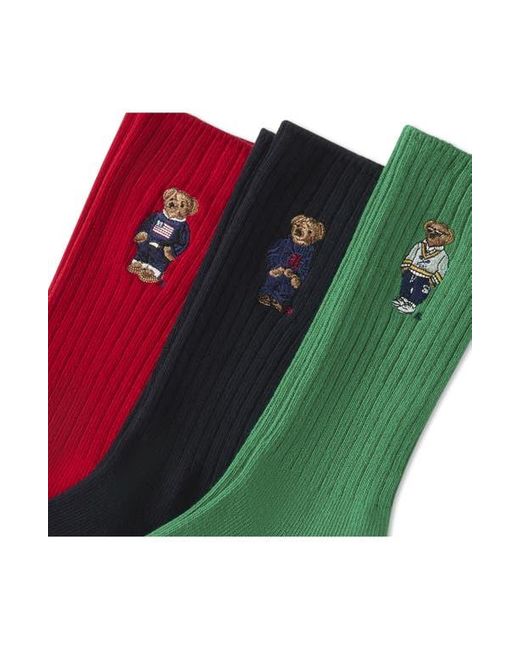 Polo Ralph Lauren Green Assorted 3-Pack Embroidered Polo Bear Crew Socks for men