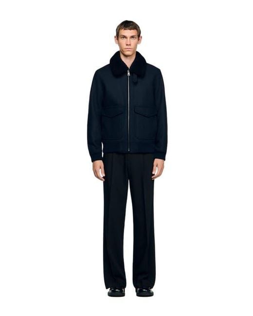 Sandro Blue Wool Aviator Jacket With Shearling for men