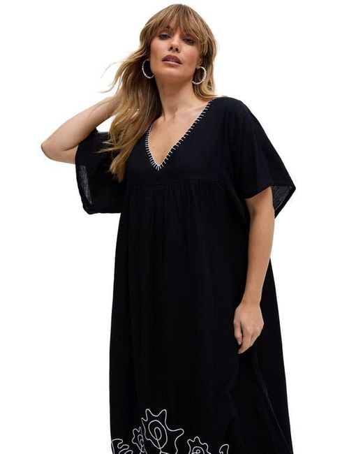 Raffya Black Candy Tabard Embroidered Hem Midi Dress