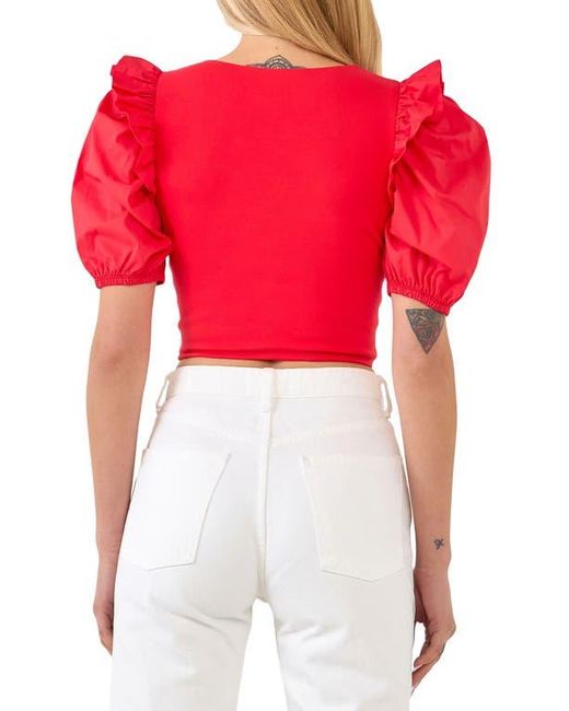 English Factory Red Mixed Media Puff Sleeve Crop Top