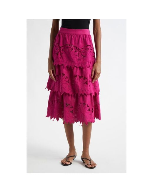 Farm Rio Pink Daisy Guipure Lace Cotton & Linen Tiered Skirt