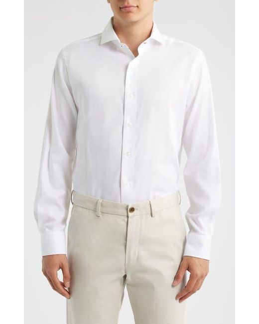 Lorenzo Uomo White Trim Fit Cotton Herringbone Dress Shirt for men