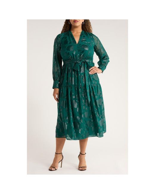 Anne Klein Floral Metallic Long Sleeve Asymmetric Tiered Dress in Green |  Lyst