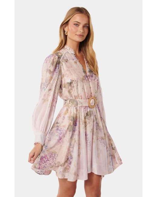 EVER NEW Pink Vienna Lace Trim Belted Long Sleeve Shirtdress