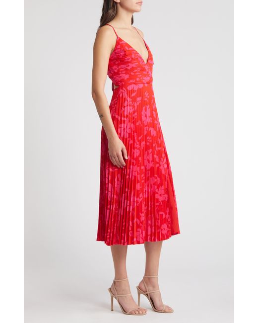 Lulus Red Vibrant Moment Floral Pleated Midi Cocktail Dress