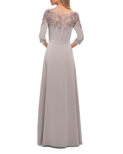 La Femme Gray Jersey Mother Of The Bride Gown With Lace Neckline