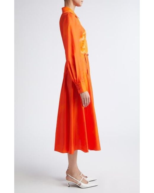 Jason Wu Red Watercolor Floral Print Pleated Long Sleeve Silk Twill Shirtdress