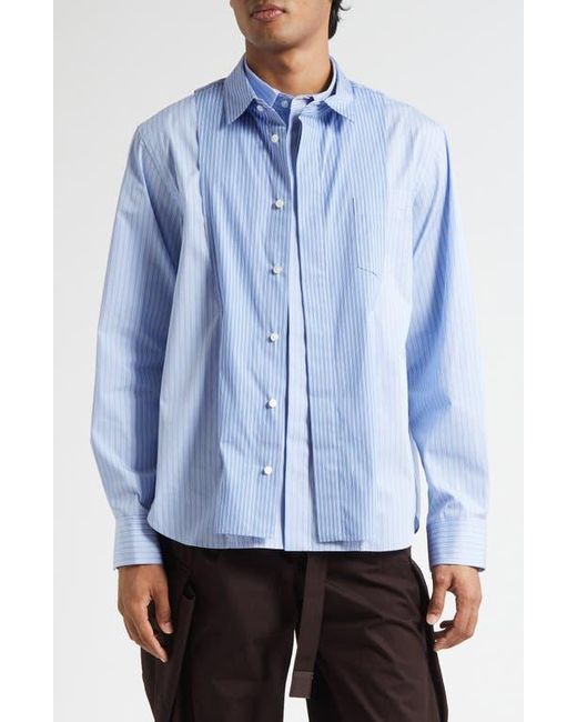 Sacai Blue Stripe Overlay Cotton Poplin Button-Up Shirt for men