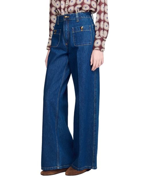 Sandro Blue Raw Straight Patch Pocket Jeans