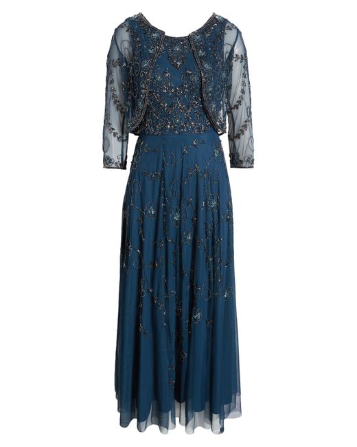 Pisarro Nights Blue Beaded Mesh Gown With Jacket
