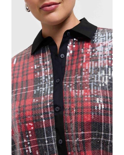 Foxcroft Red Marina Sequin Button-Up Shirt