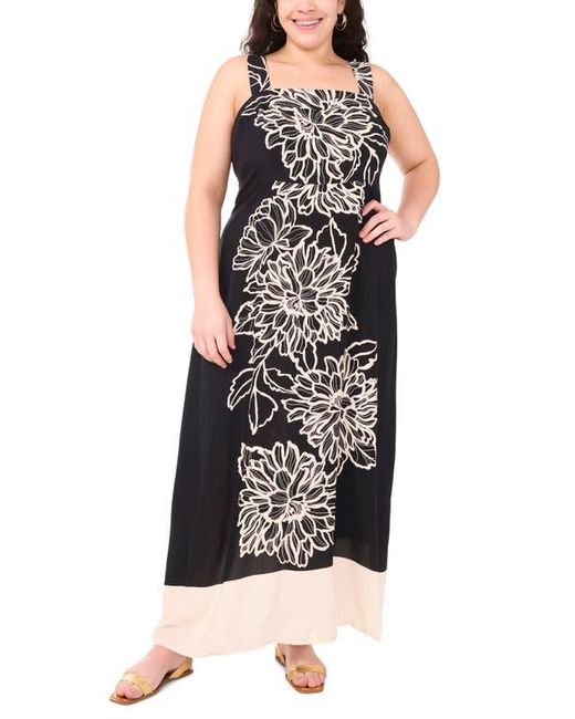 Vince Camuto Black Plus Size Floral Square-neck Smocked-back Sleeveless Maxi Dress