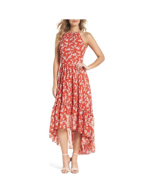 Eliza J Red Ruffle Hem Halter Neck Chiffon Dress