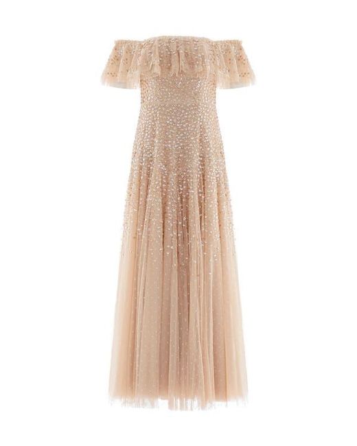 Needle & Thread Brown Dappled Sequin Off-Shoulder Ankle Gown
