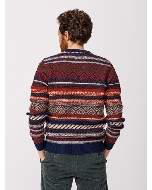 aubi Red Fair Isle Crew Neck Wool Sweater for men