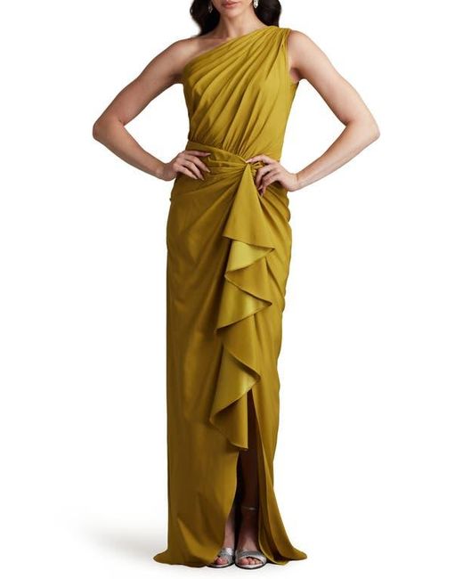 Tadashi Shoji Metallic One-Shoulder Side Ruffle Gown