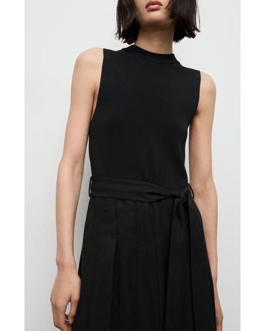 Mango Black Mixed Media Pleated Midi Dress