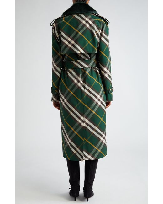 Burberry Green Check Water Resistant Gabardine Trench Coat With Removable Faux Fur Collar