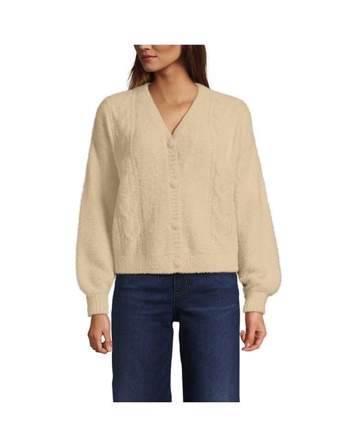Lands' End Women's Natural Fuzzy Eyelash Cable Cardigan Sweater
