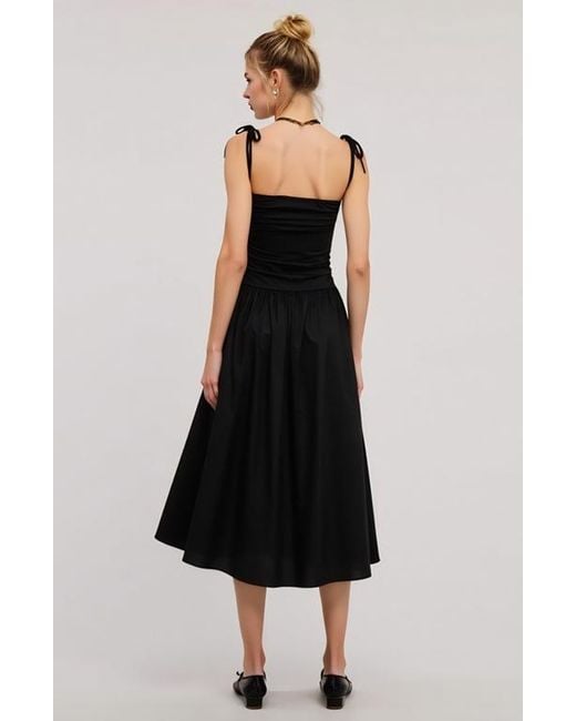 Modenaire Black Ruched Bodice Tie Strap Gathered Skirt Midi Dress