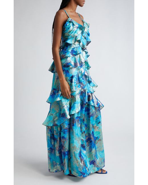 Ramy Brook Blue Harlen Metallic Floral Ruffle Gown