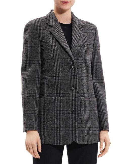 Theory Plaid Elbow Patch Recycled Wool Blend Jacket in Black Lyst