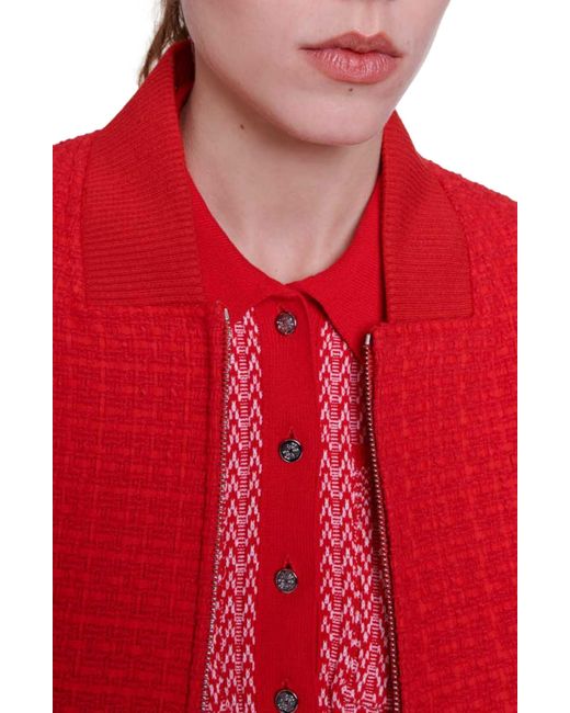 Maje Red Bala Front Zip Tweed Jacket