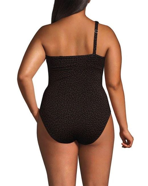 Lands' End Black Chlorine Resistant Shirred One Shoulder One Piece Swimsuit Removable Adjustable Strap