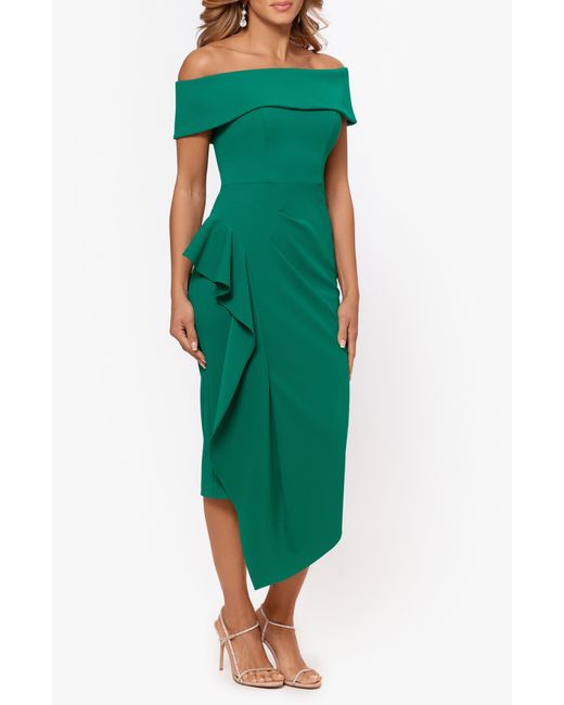 Betsy & Adam Green Ruffle Off The Shoulder Cocktail Midi Dress