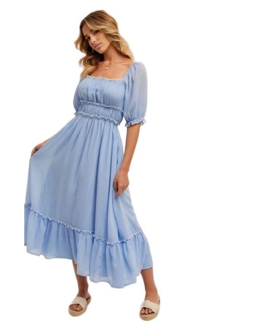 Knit & Lounge Blue Puff Sleeve Square Neck Midi Dress With Tiered Skirt And Ruffle Trim