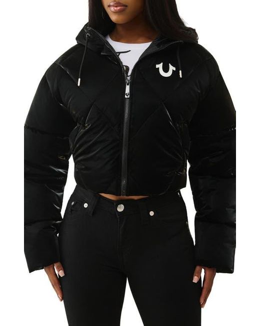 True Religion Black High Shine Hooded Crop Puffer Jacket