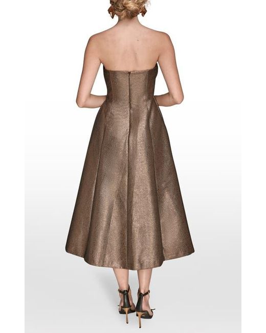 Donna Karan Brown Metallic Pleated Strapless Fit & Flare Cocktail Dress
