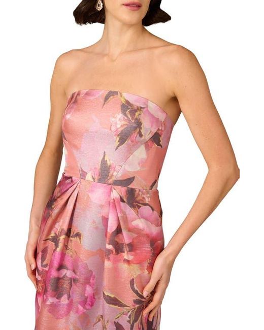 Aidan Mattox Red Print Metallic Jacquard Strapless Gown