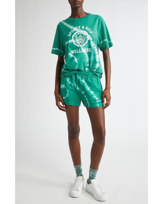 Sporty & Rich Green Serif Tie Dye Logo Cotton Disco Shorts