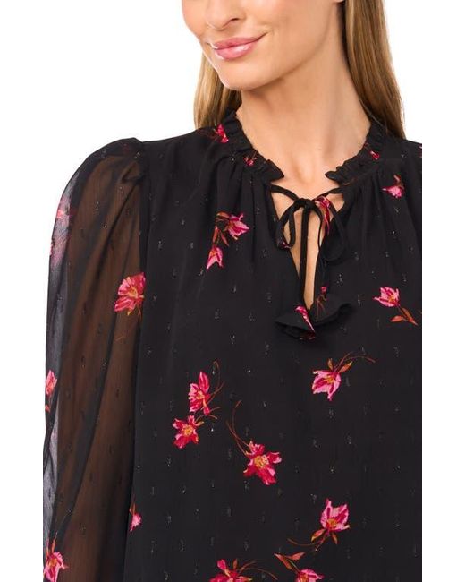Cece Blue Floral Metallic Split Neck Top