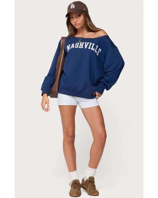 Edikted Blue Nashville Oversize Off The Shoulder Sweatshirt