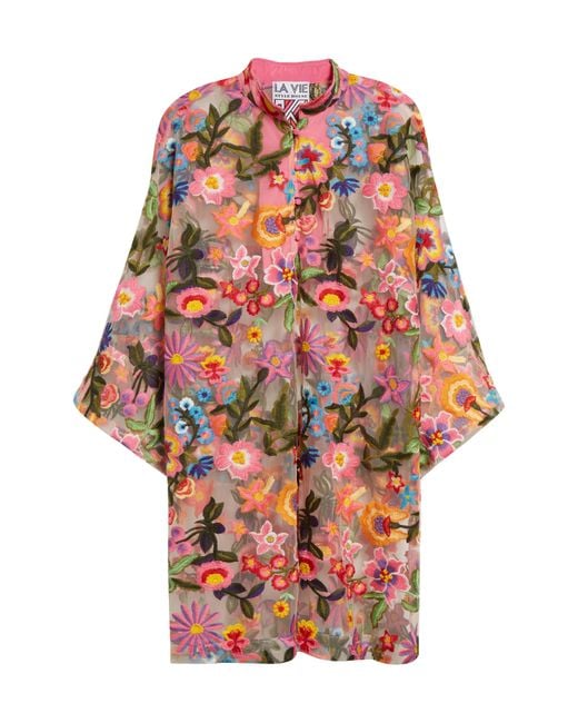 La Vie Style House Tropical Floral Embroidered Cover-up Mini Caftan