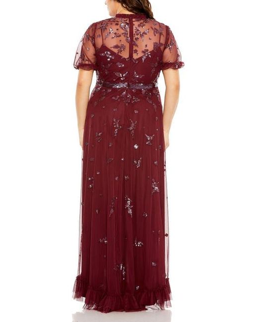 Mac Duggal Red High Neck Puff Short Sleeve Embellished Faux Wrap