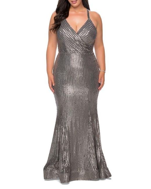 La Femme Brown Sequin Plus Size Dress With Criss Cross Back