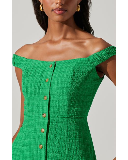 Astr Green Harlyn Off The Shoulder Textured Midi Dress