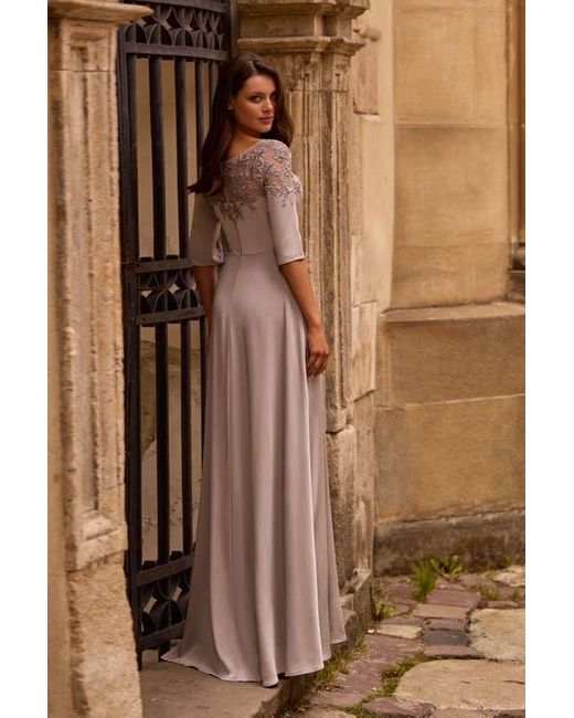 La Femme Gray Jersey Mother Of The Bride Gown With Lace Neckline