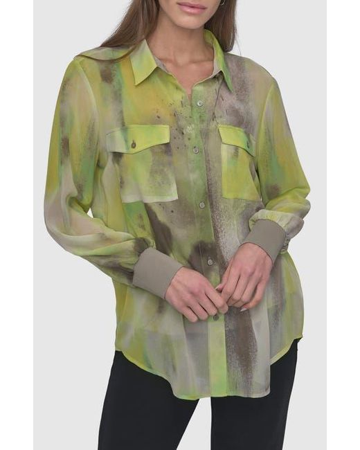 DKNY Green Abstract Print Chiffon Button-Up Shirt