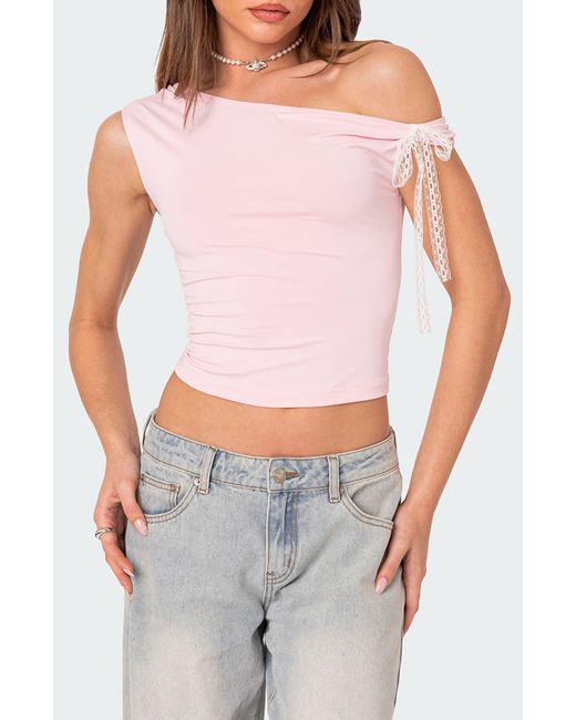 Edikted White Lace Bow One-shoulder Top