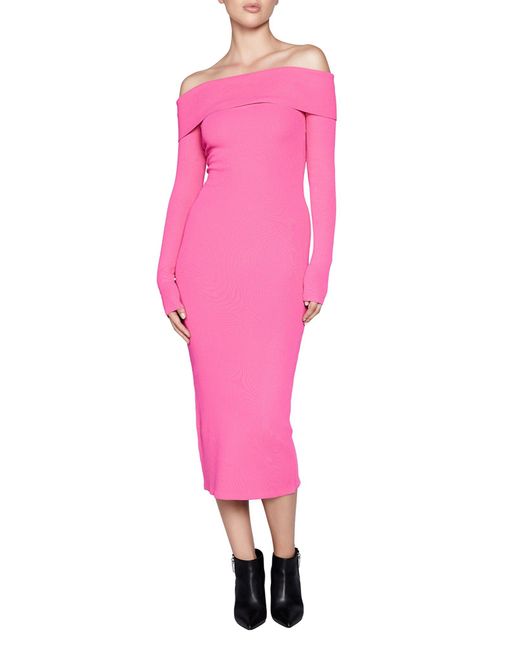 Bardot Pink Off The Shoulder Long Sleeve Midi Dress