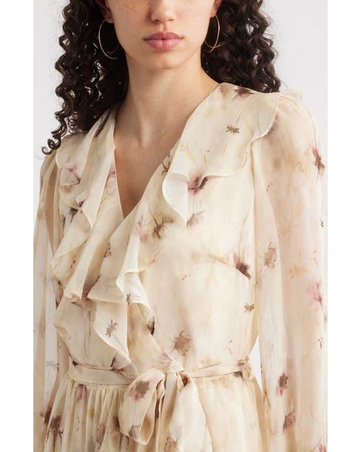 Chelsea28 Natural Floral Ruffle Trim Long Sleeve Chiffon Minidress