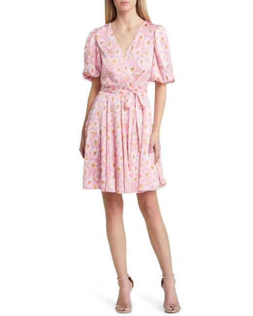 Charles Henry Pink Floral Faux Wrap Minidress